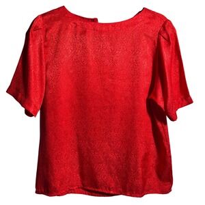 Vintage TJW Mervyns Red Jacquard Satin Short Sleeve Blouse Holiday VTG Womens 8
